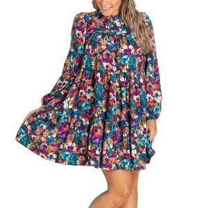 Haptics Floral Long Sleeve Mock Neck Tiered Mini Dress with Pockets Size 1X